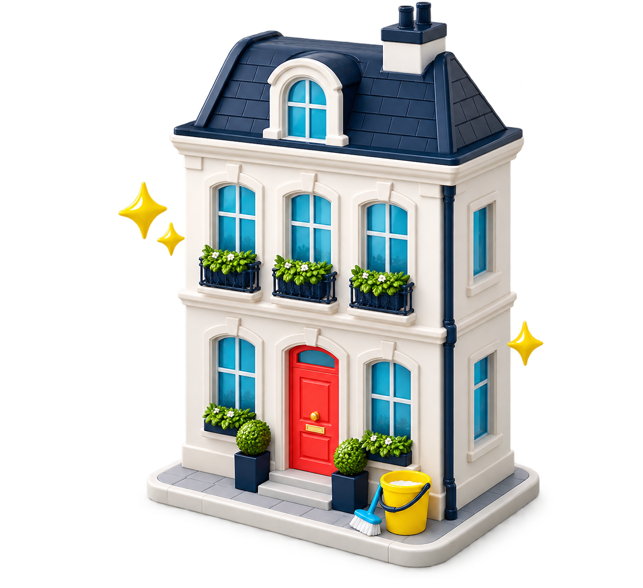Illustration d’un immeuble de quartier propre, à la porte rouge et aux fenêtres bleues